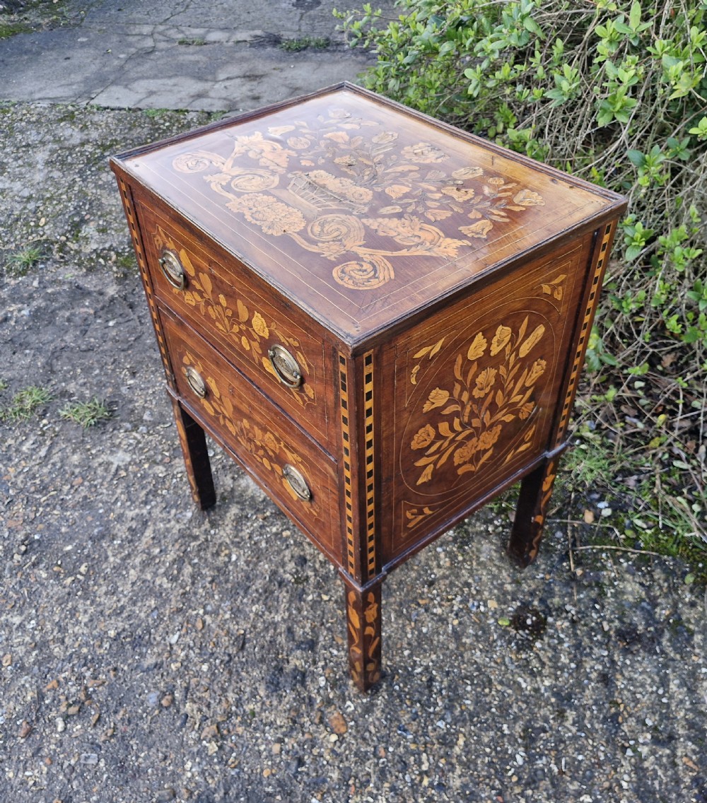 Early 19th Dutch Marquetry 2 drawer bedside chest of drawers.  View V