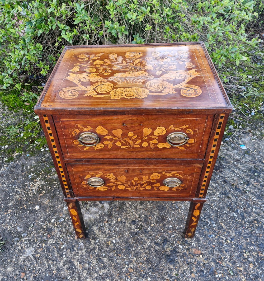 Early 19th Dutch Marquetry 2 drawer bedside chest of drawers.  View VI