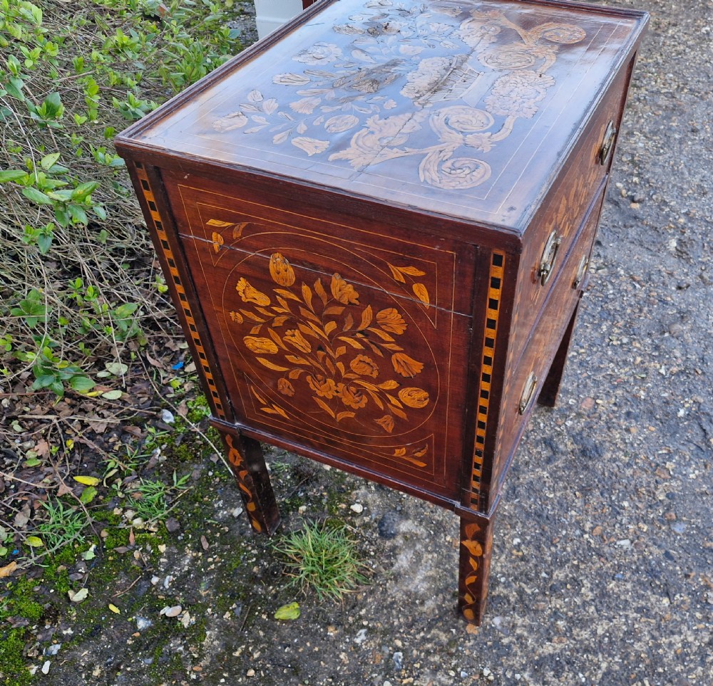 Early 19th Dutch Marquetry 2 drawer bedside chest of drawers.  View VII