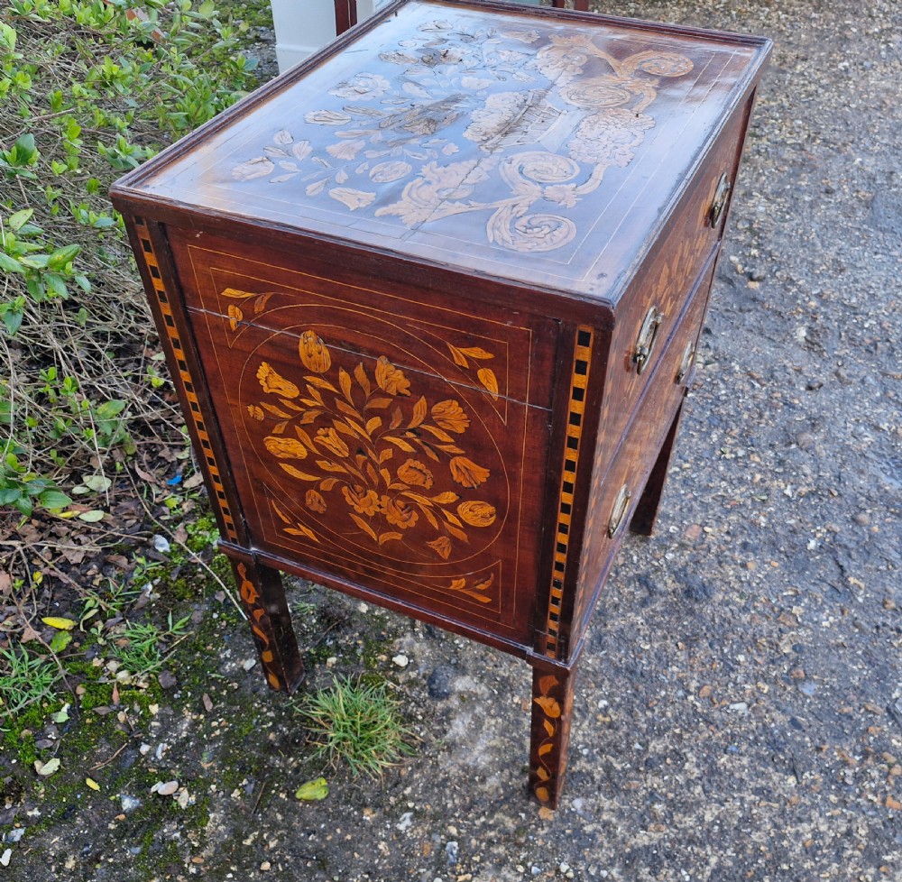 Early 19th Dutch Marquetry 2 drawer bedside chest of drawers.  View VIII
