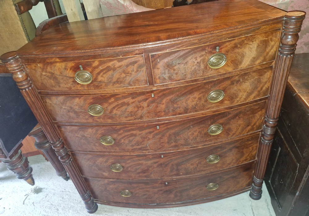 A Regency mahogany bow-front chest of drawers featuring two short over three long drawers with flame mahogany veneers, reeded side columns, and oval brass handles. View II