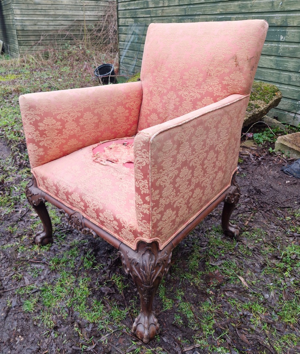 Edwardian carved Mahogany framed upholstered armchair.  View III