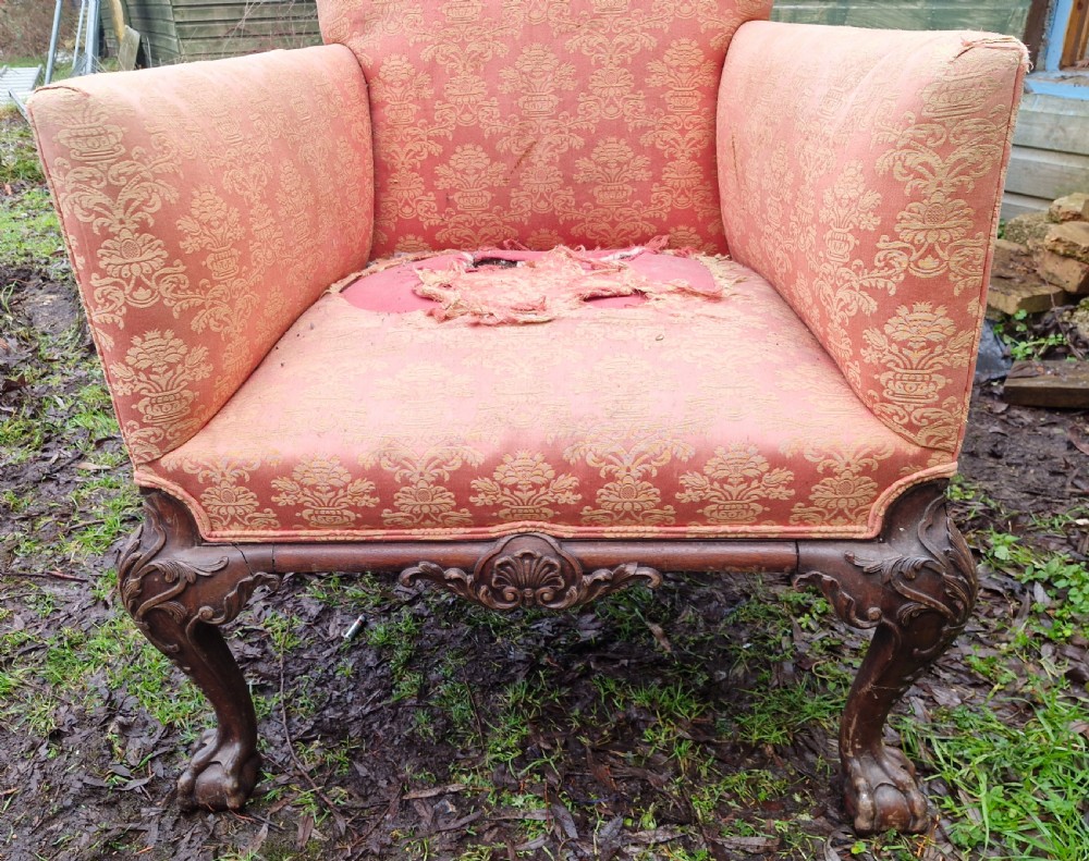 Edwardian carved Mahogany framed upholstered armchair.  View VIII