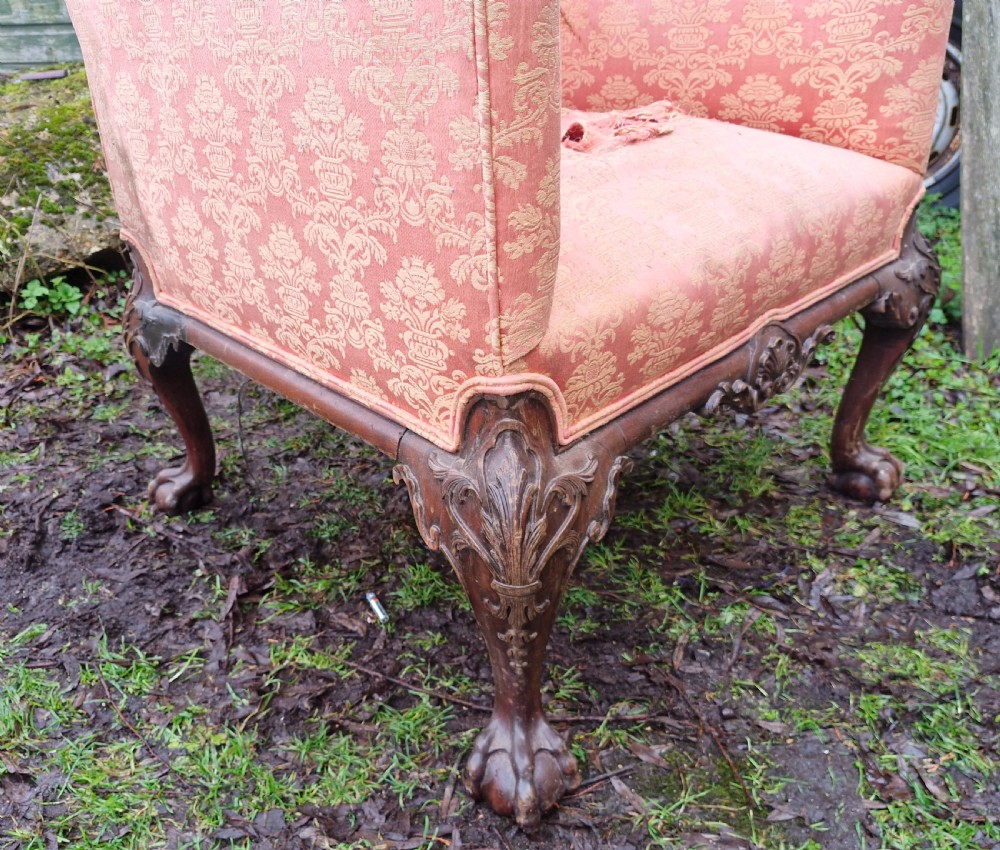 Edwardian carved Mahogany framed upholstered armchair.  View X