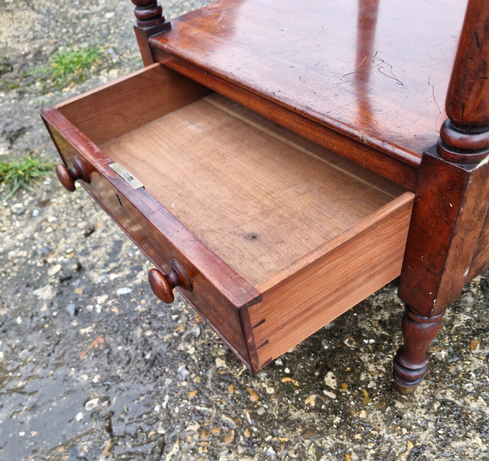 Regency mahogany 4 tier whatnot with drawer. View II