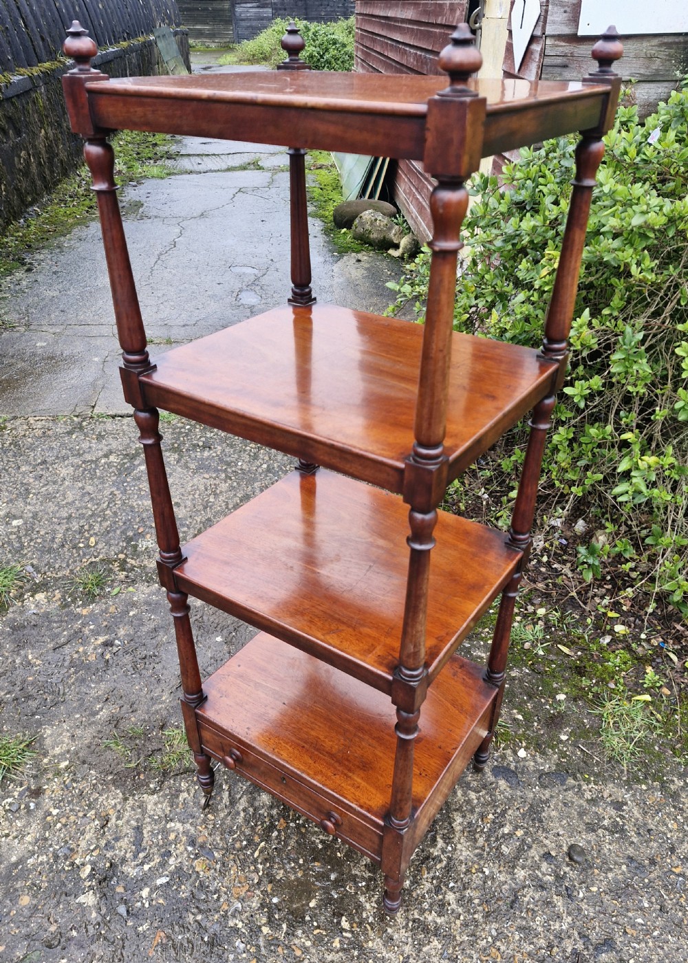 Regency mahogany 4 tier whatnot with drawer. View IV