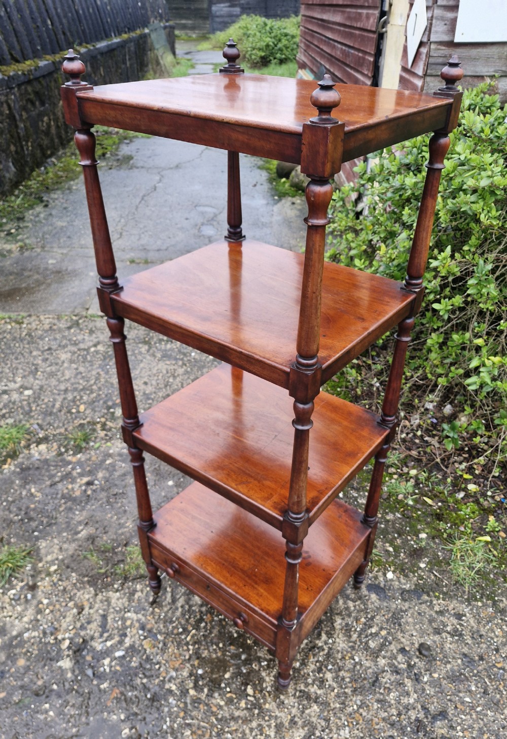 Regency mahogany 4 tier whatnot with drawer. View V