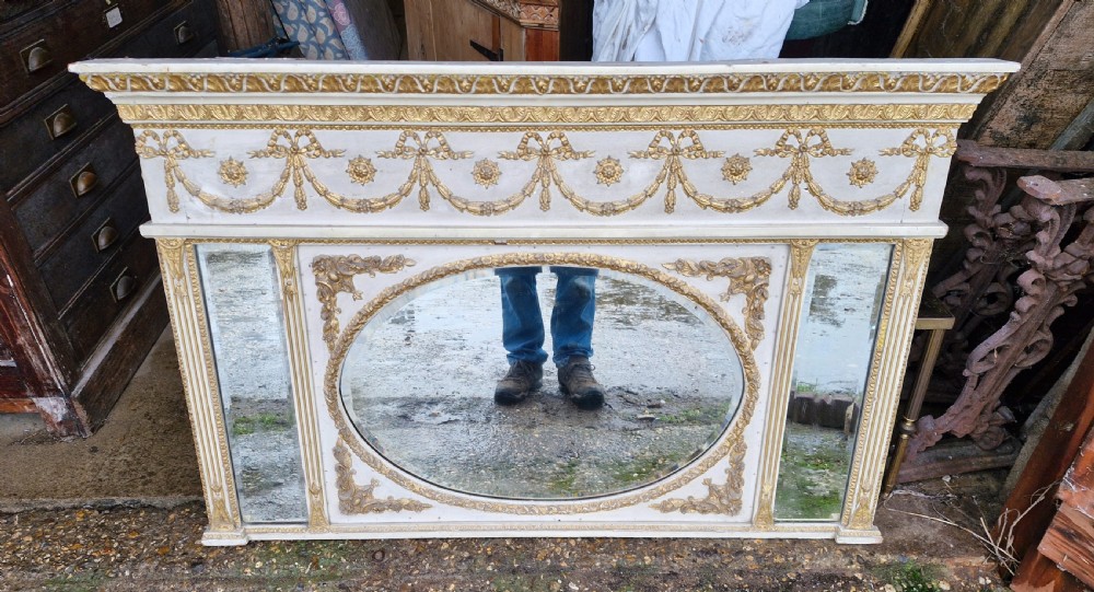Gilt and decorated triple plate overmantel mirror. 