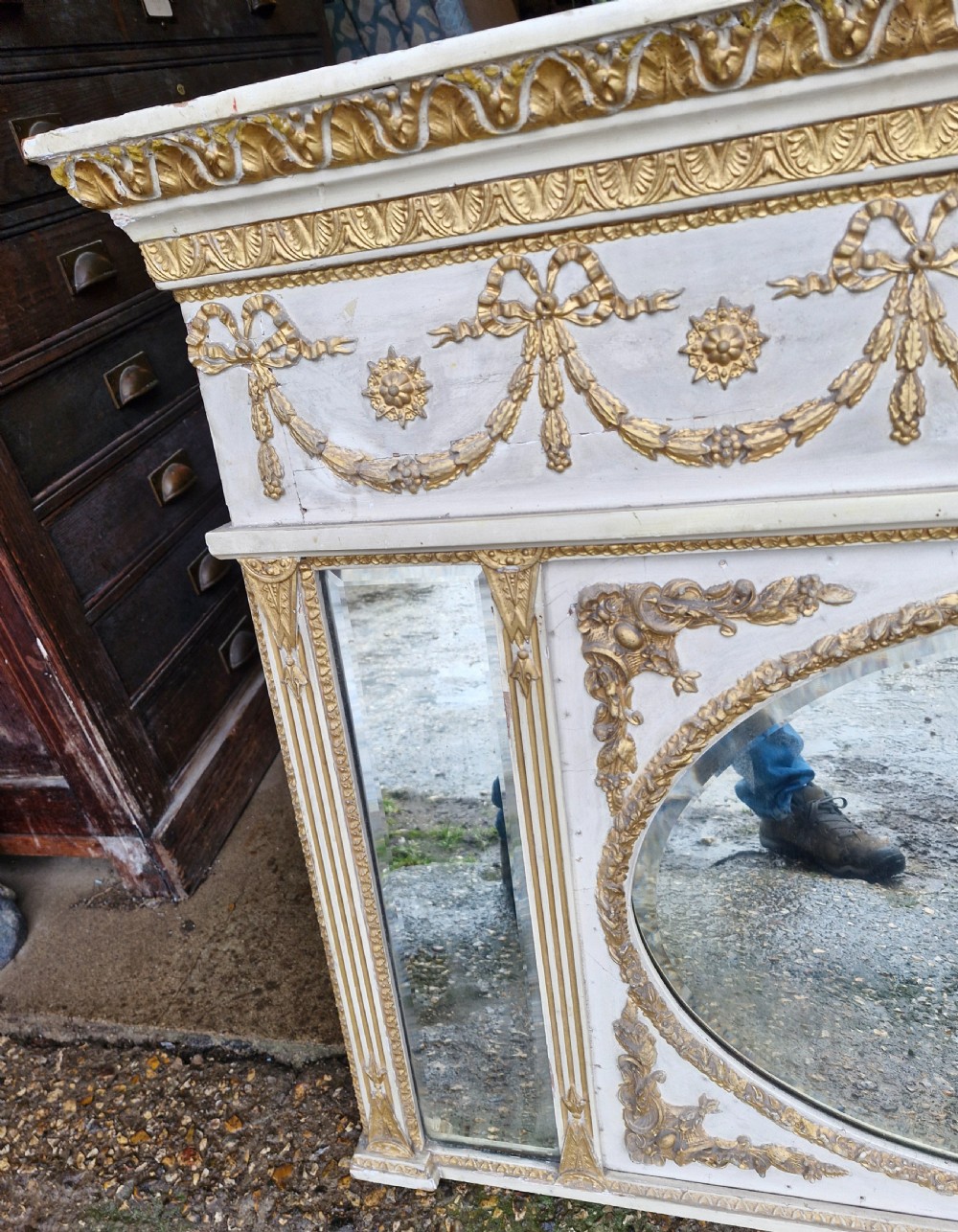 Gilt and decorated triple plate overmantel mirror.  View II
