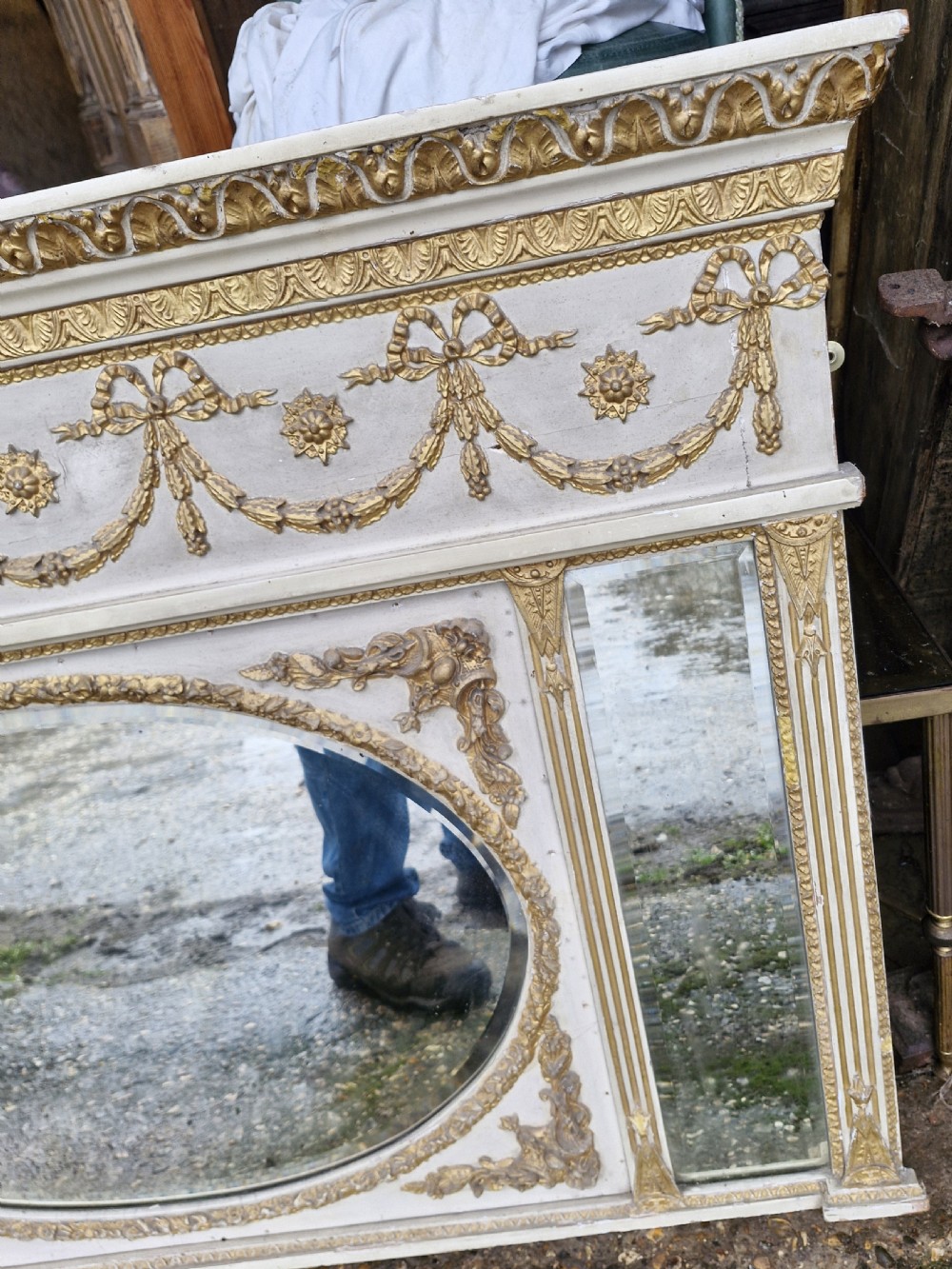 Gilt and decorated triple plate overmantel mirror.  View III