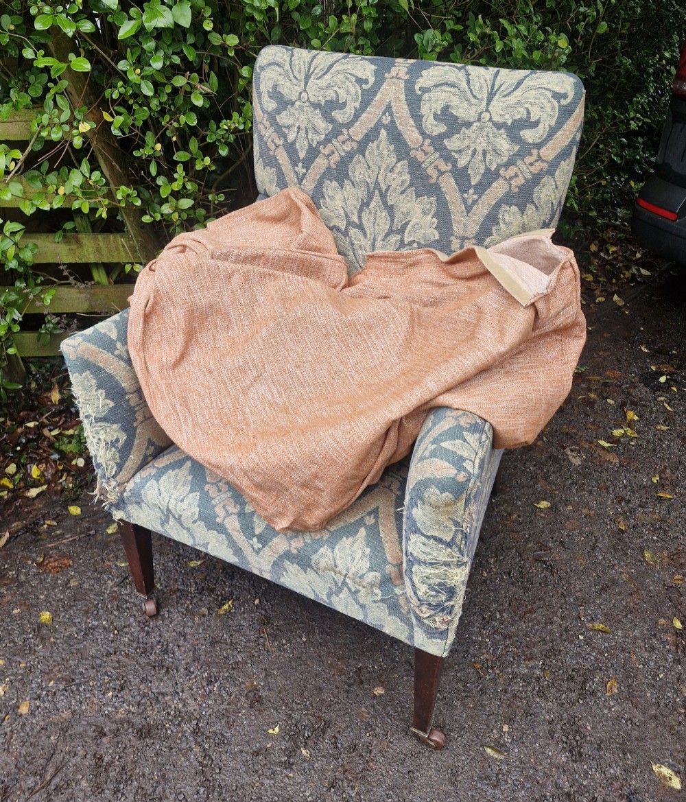 Edwardian upholstered armchair.  View V