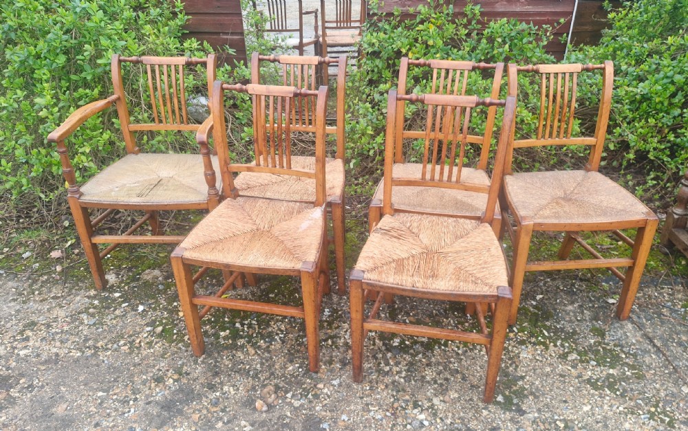 Set of 6 early Victorian rush seat East Anglia dining chairs. 