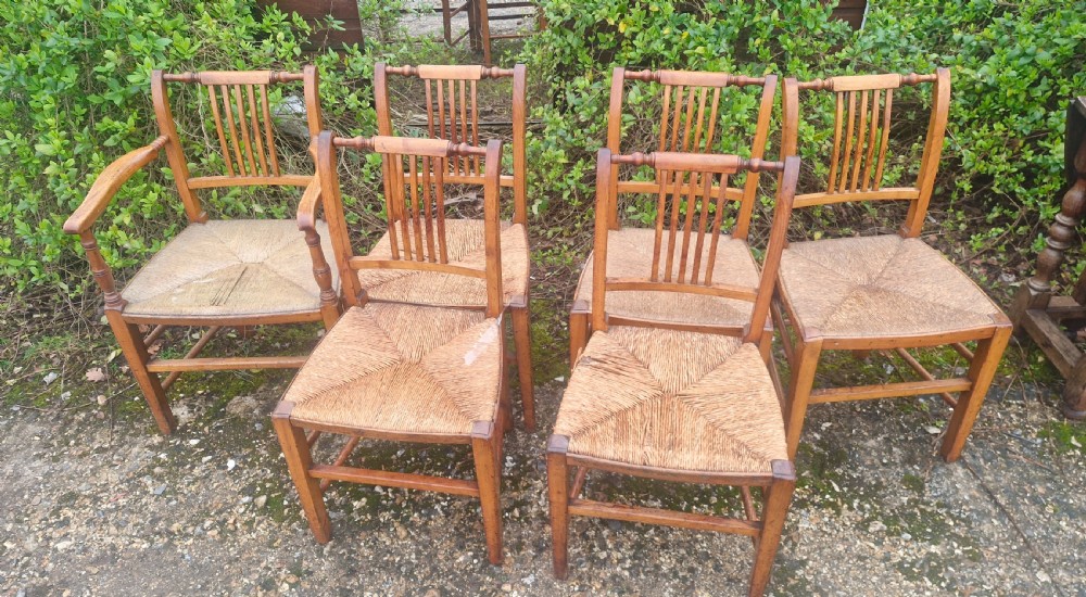 Set of 6 early Victorian rush seat East Anglia dining chairs.  View II