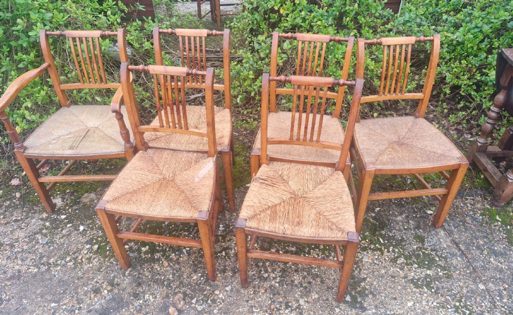 Set of 6 early Victorian rush seat East Anglia dining chairs.  View IV