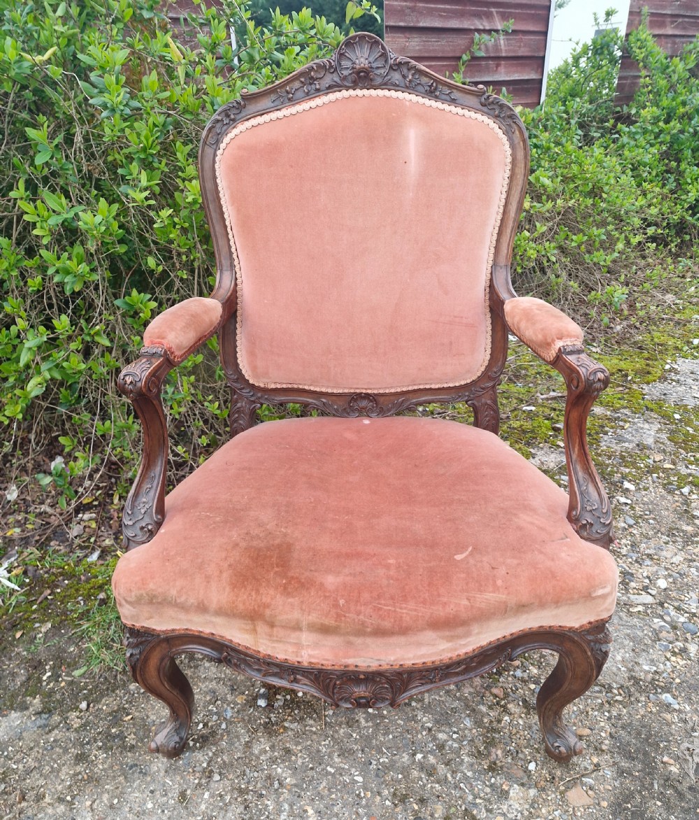 Late 19th century carved walnut open fauteuil armchair. 