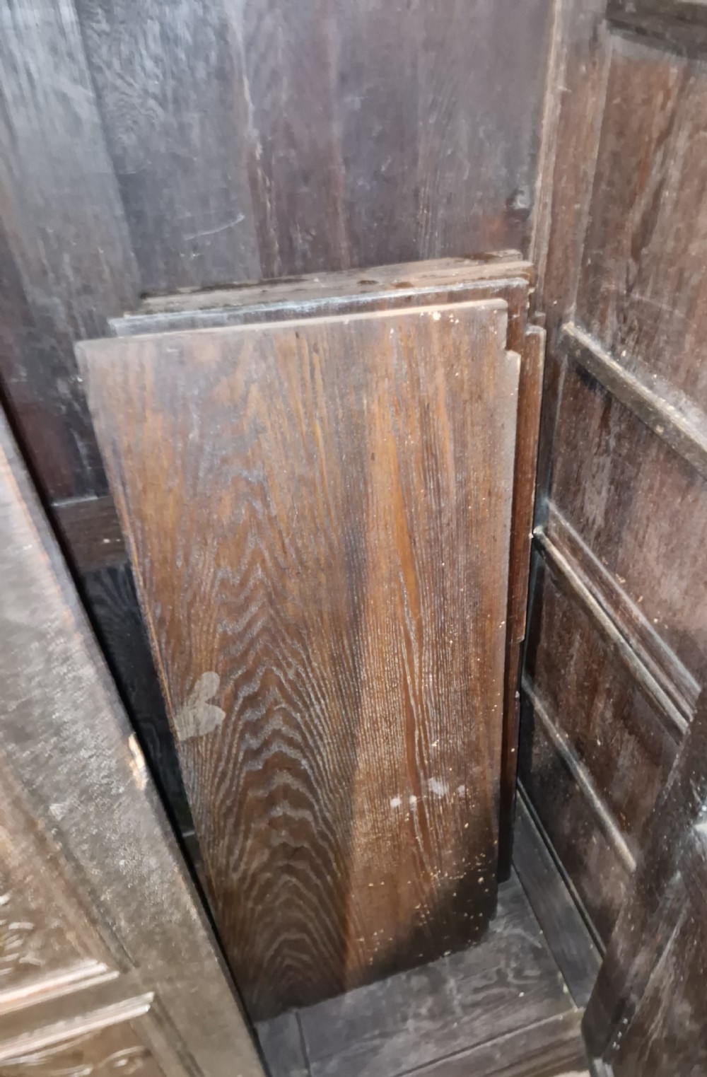 Useful late Victorian carved oak 2 door cupboard. Fitted shelves.  View V