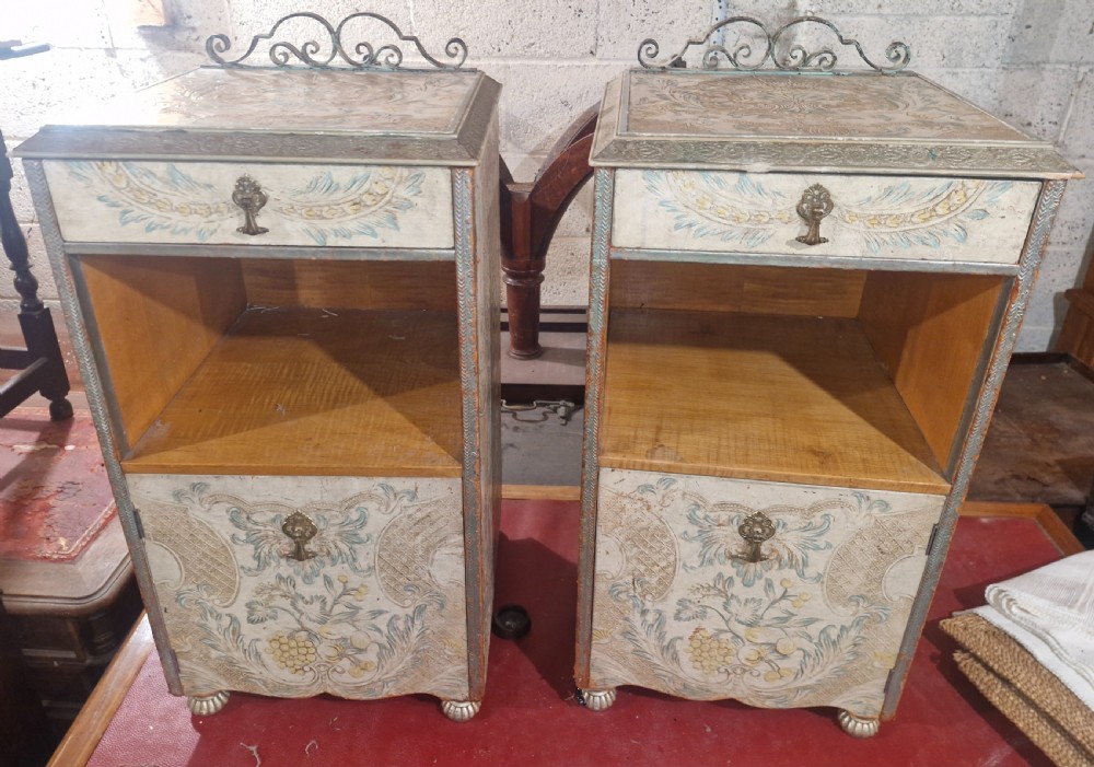 Pair of unusual decorated and painted leather bedside cabinets. 