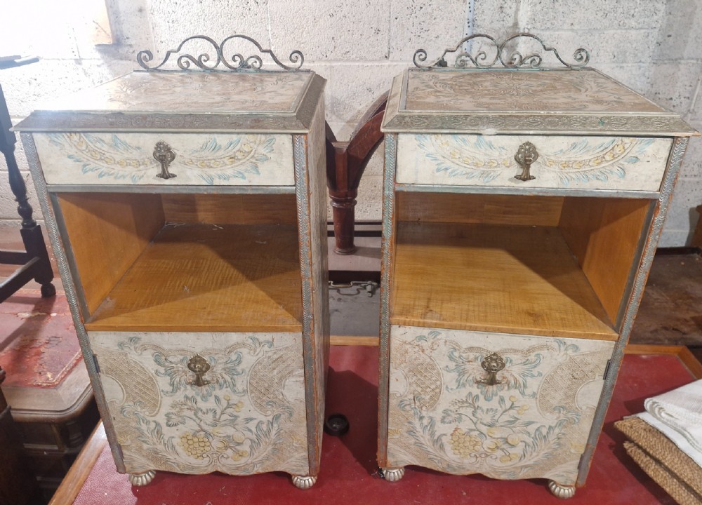 Pair of unusual decorated and painted leather bedside cabinets.  View II