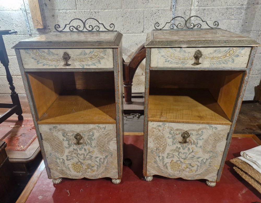 Pair of unusual decorated and painted leather bedside cabinets.  View IV