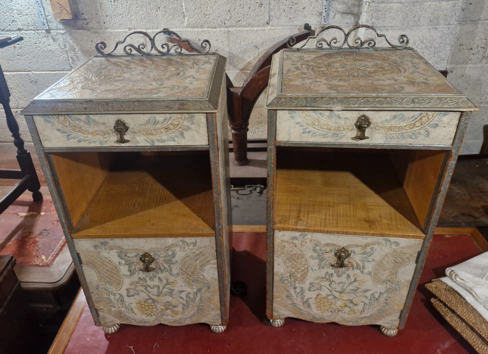Pair of unusual decorated and painted leather bedside cabinets.  View V