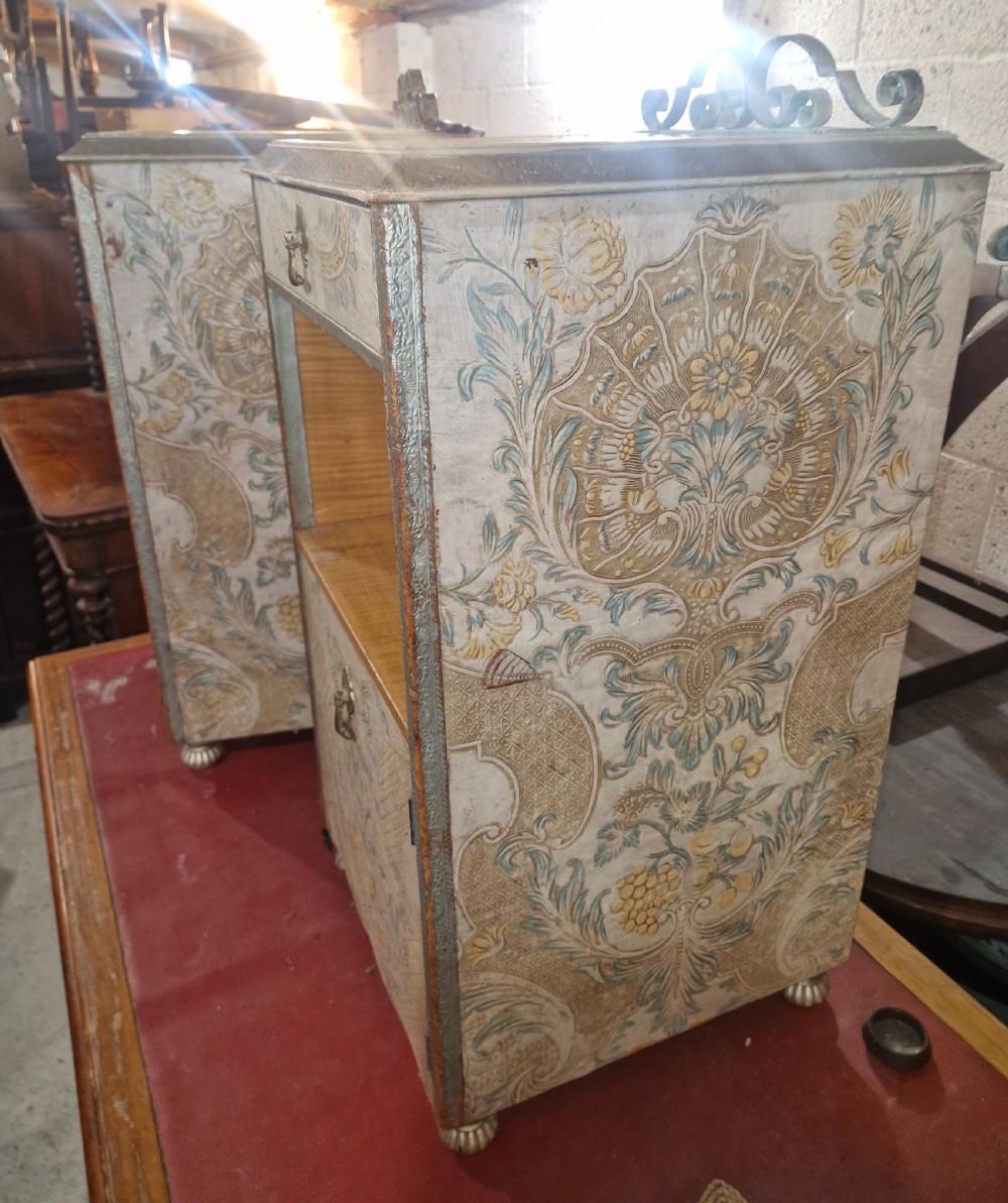 Pair of unusual decorated and painted leather bedside cabinets.  View VIII
