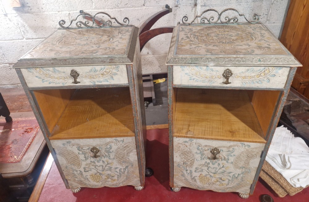 Pair of unusual decorated and painted leather bedside cabinets.  View IX