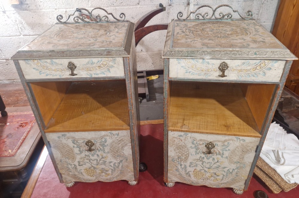 Pair of unusual decorated and painted leather bedside cabinets.  View X