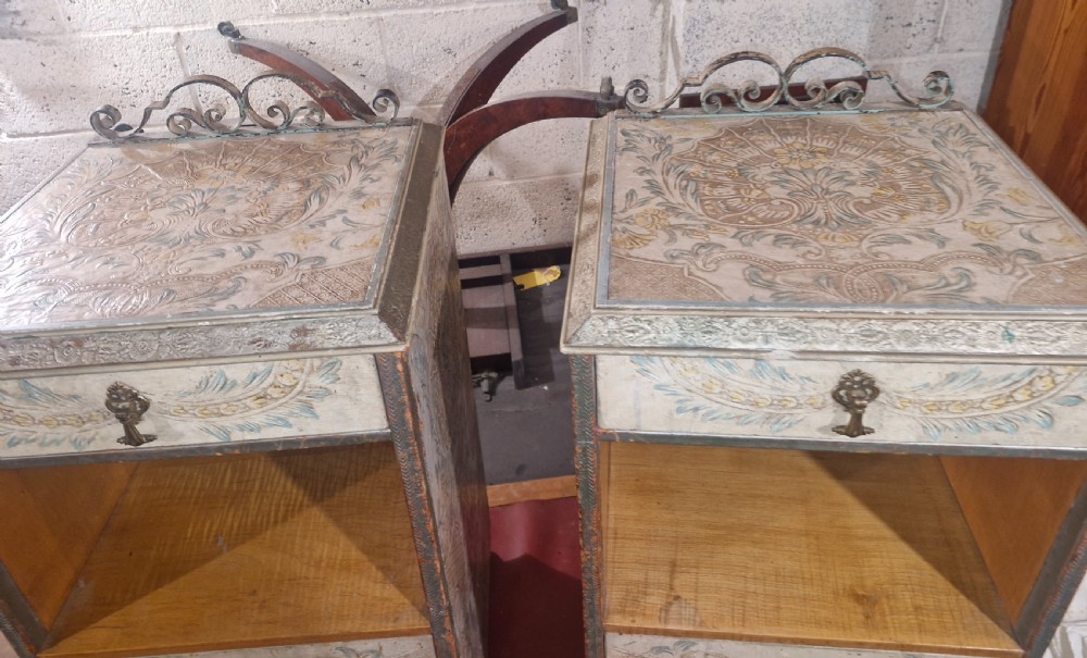 Pair of unusual decorated and painted leather bedside cabinets.  View XII