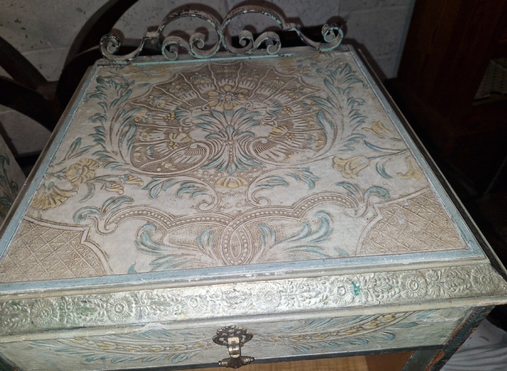 Pair of unusual decorated and painted leather bedside cabinets.  View XVI