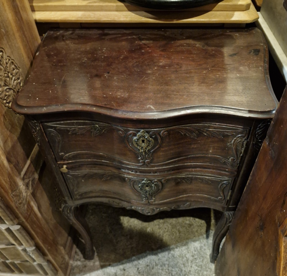 Early 19th-century dark wood bedside cabinet featuring carved floral panels, brass escutcheons, and slender cabriole legs. View V