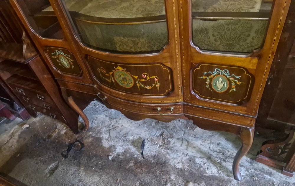 An Edwardian mahogany display cabinet with three glazed doors, hand-painted classical urn motifs, satinwood inlay, and cabriole legs. View IV