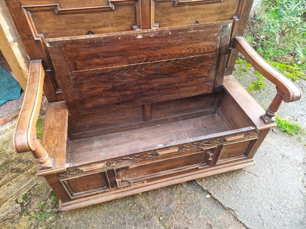 Edwardian oak hall seat with lift up seat. View II