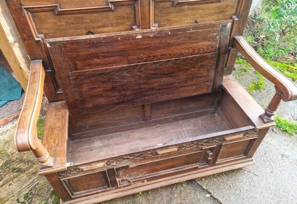 Edwardian oak hall seat with lift up seat. View III