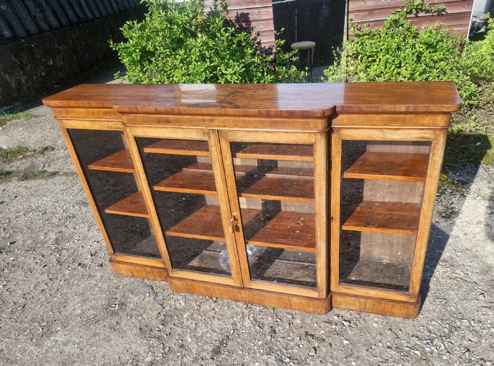 Victorian burr walnut and inlaid 4 door breakfront bookcase cabinet. 