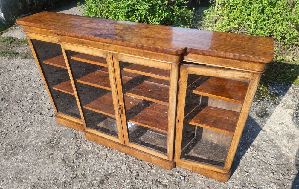 Victorian burr walnut and inlaid 4 door breakfront bookcase cabinet.  View II
