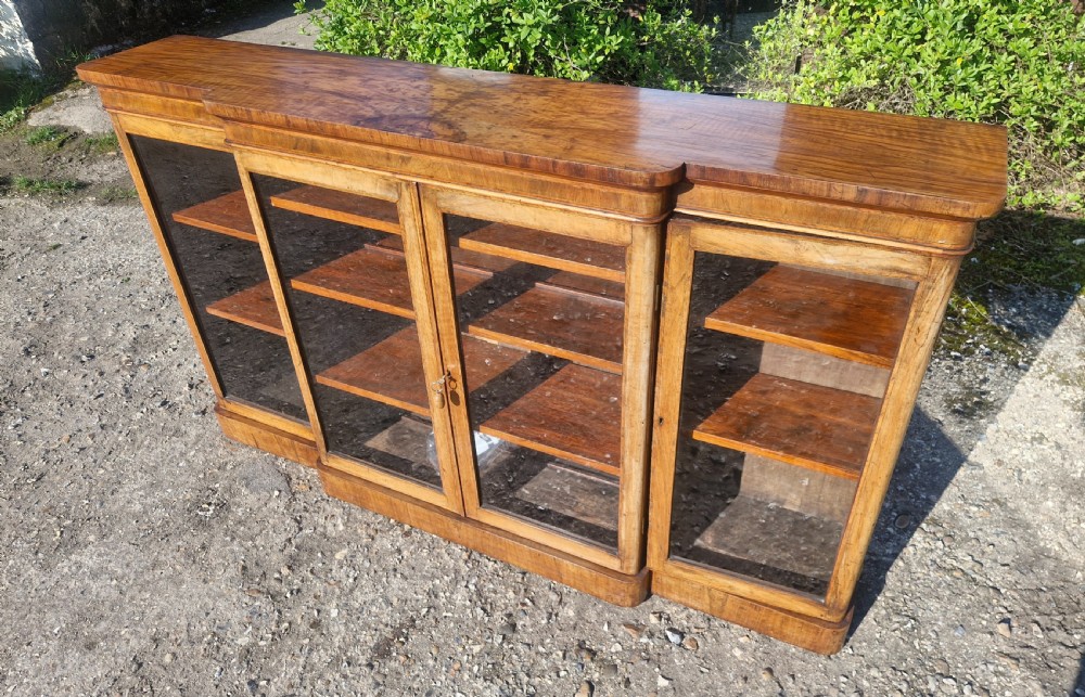 Victorian burr walnut and inlaid 4 door breakfront bookcase cabinet.  View III