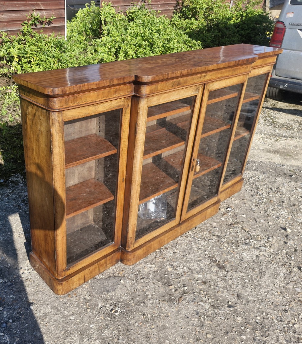 Victorian burr walnut and inlaid 4 door breakfront bookcase cabinet.  View IV