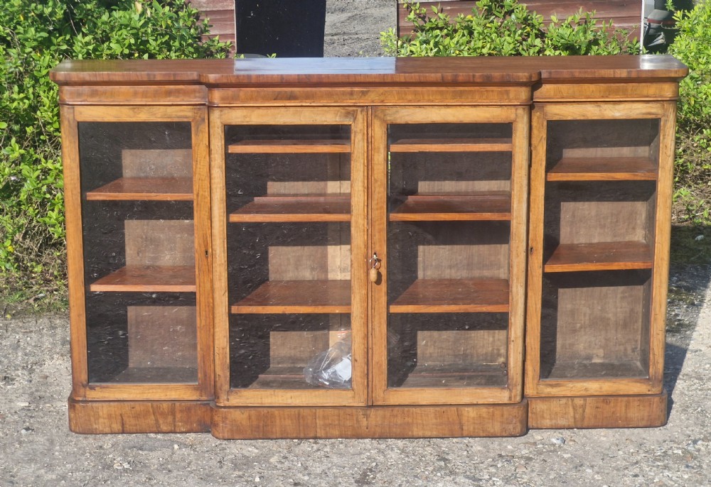 Victorian burr walnut and inlaid 4 door breakfront bookcase cabinet.  View VI