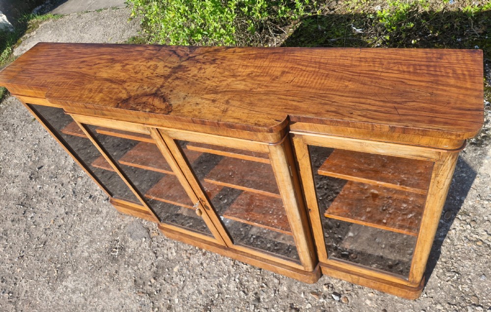 Victorian burr walnut and inlaid 4 door breakfront bookcase cabinet.  View IX