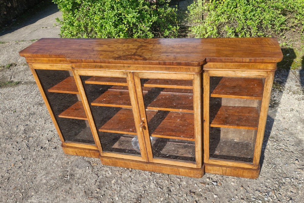 Victorian burr walnut and inlaid 4 door breakfront bookcase cabinet.  View X