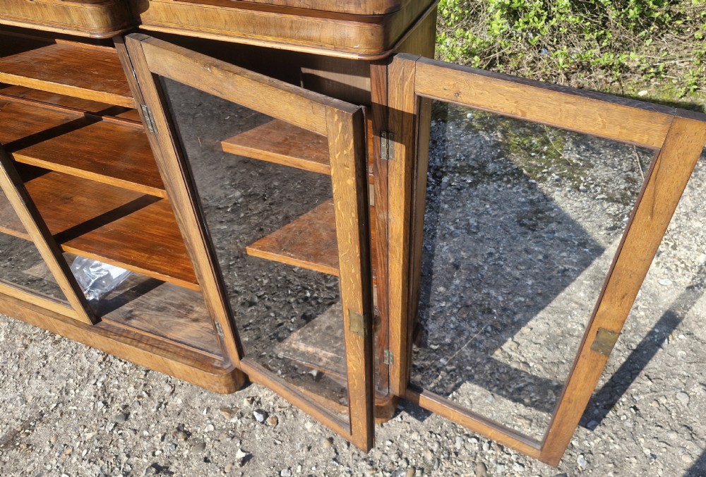 Victorian burr walnut and inlaid 4 door breakfront bookcase cabinet.  View XI