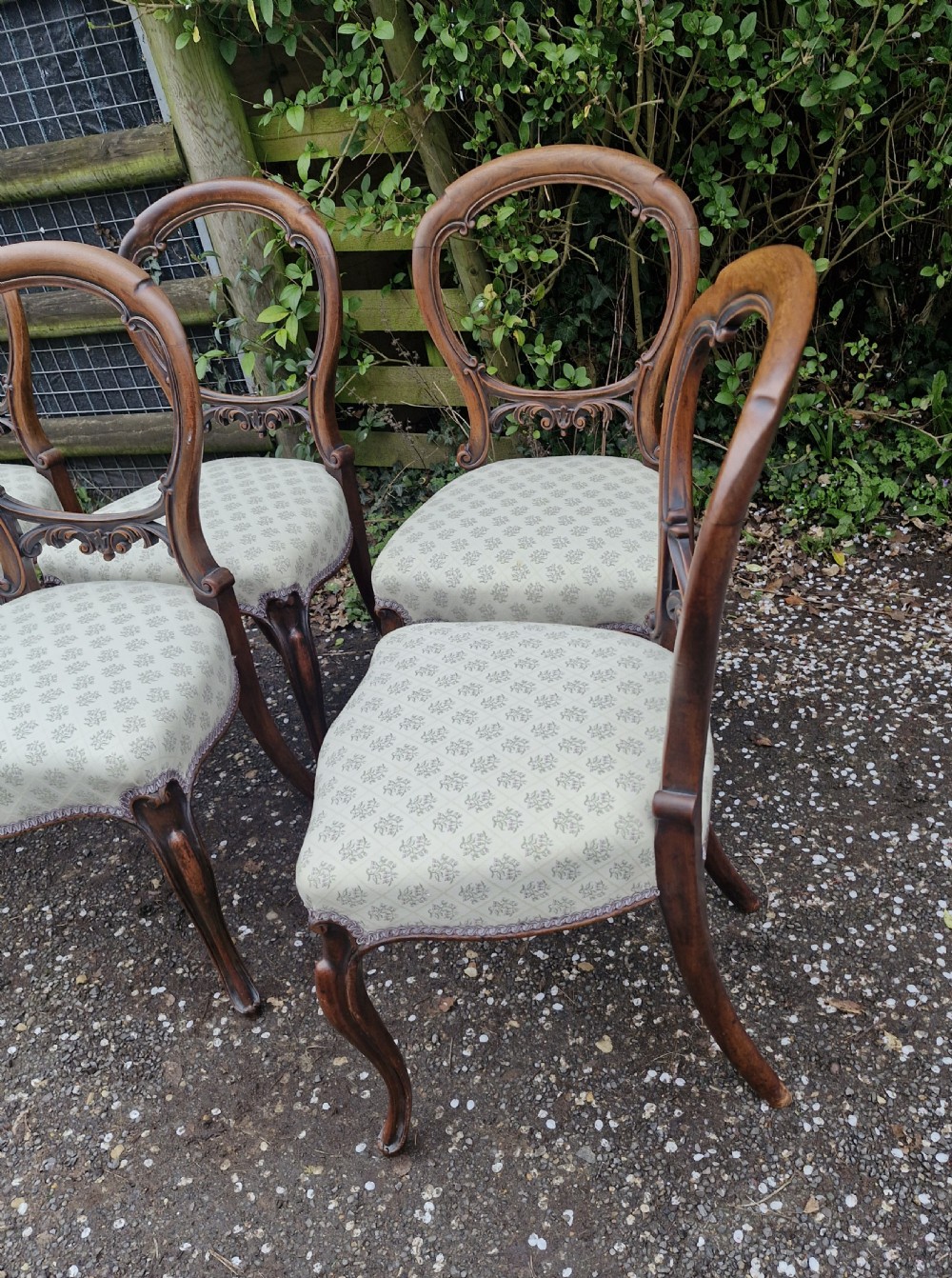 A set of six Victorian walnut balloon back dining chairs featuring carved back splats, cabriole front legs, and pattern-upholstered seats. View VI