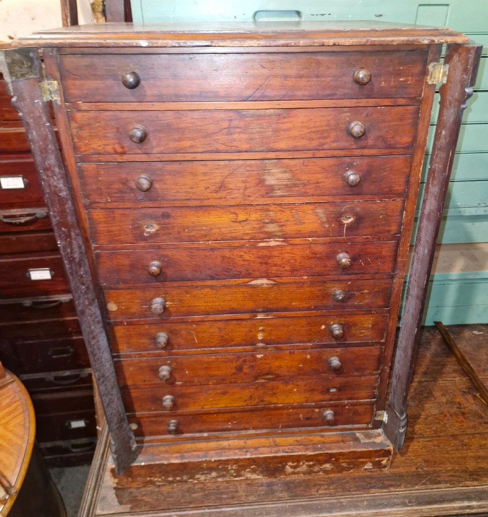 A tall Victorian mahogany specimen cabinet featuring multiple shallow drawers, round turned wood knobs, and side columns. View II