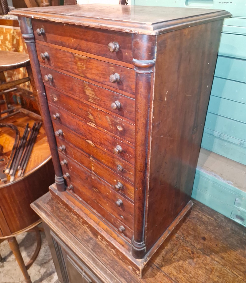 A tall Victorian mahogany specimen cabinet featuring multiple shallow drawers, round turned wood knobs, and side columns. View III