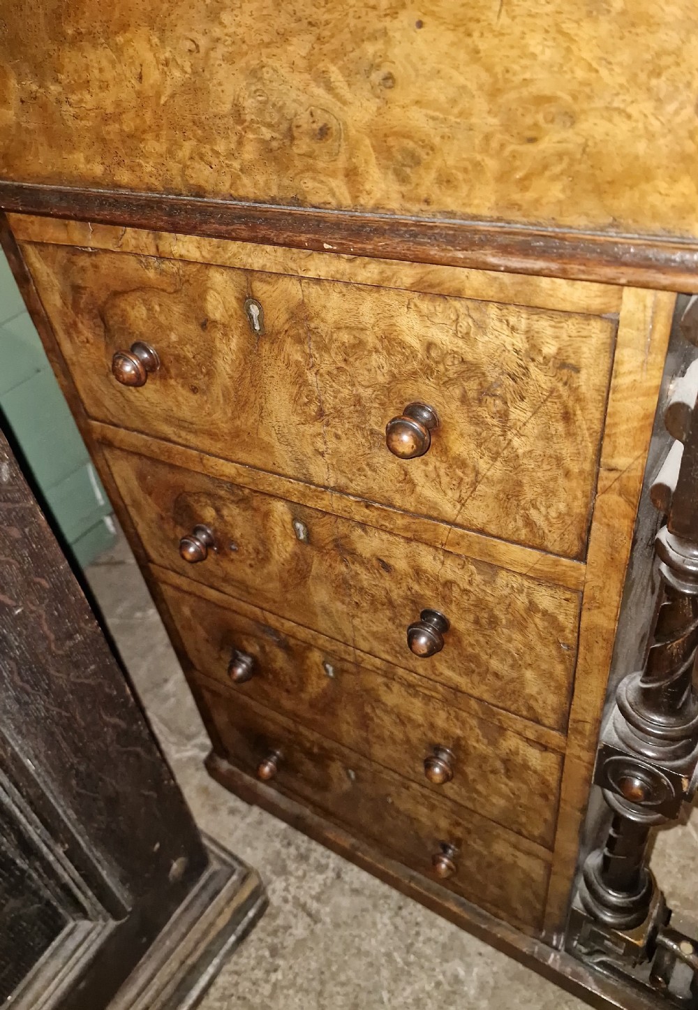 Victorian burr walnut pop up Davenport.  View VIII