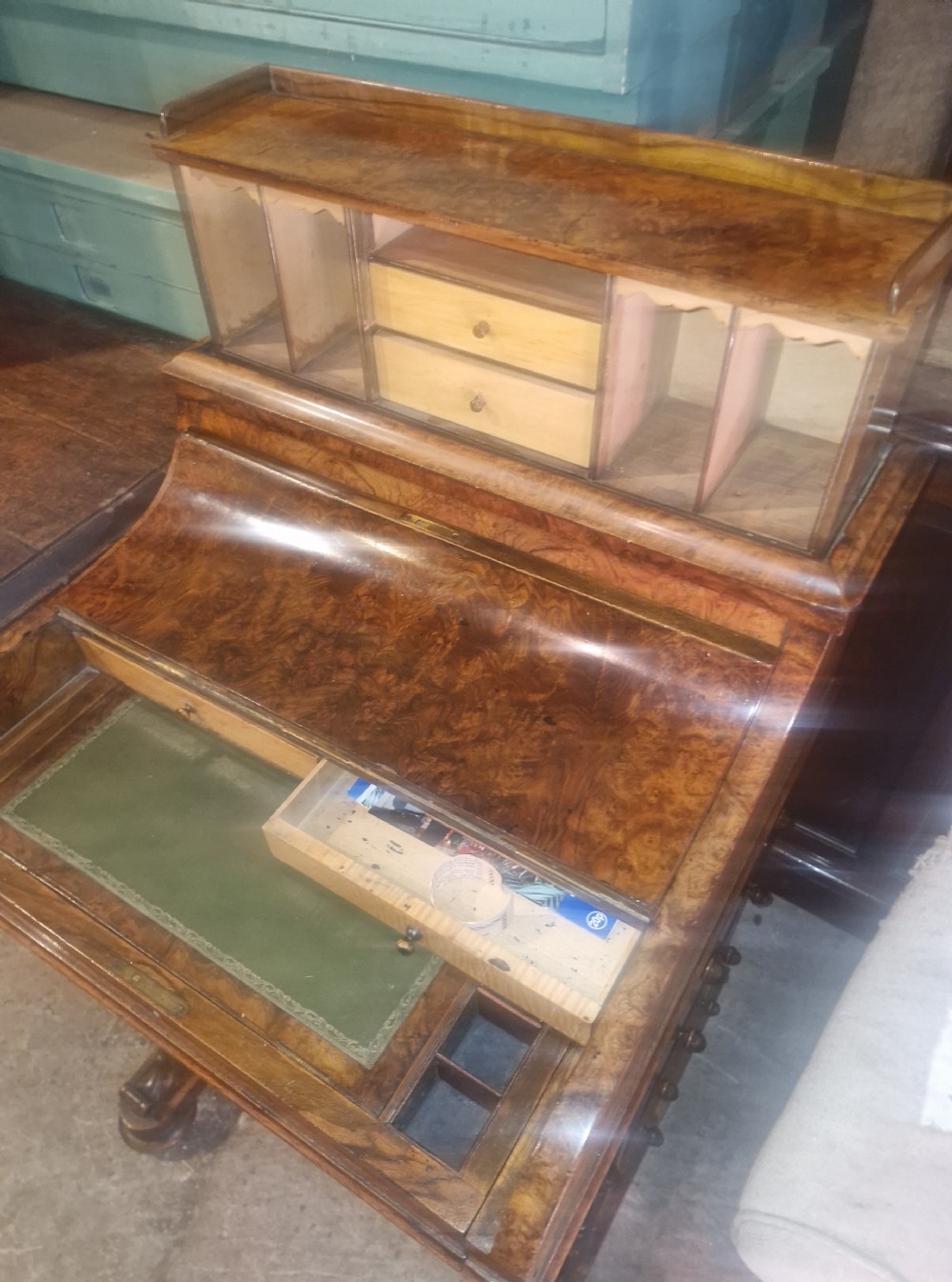 Victorian burr walnut pop up Davenport.  View XII