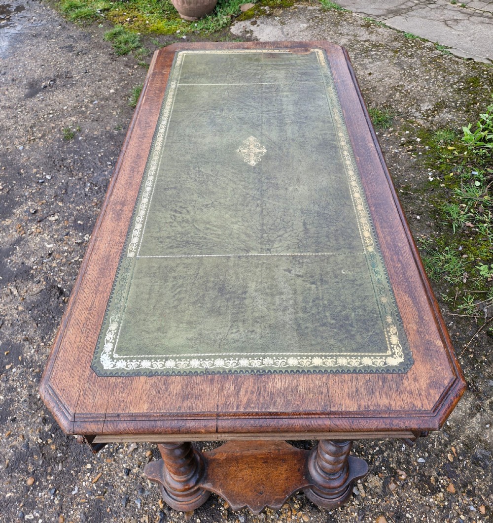 Early Victorian oak Gothic 2 drawer writing table in the manner of Richard Bridgen.  View III