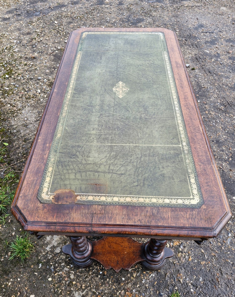 Early Victorian oak Gothic 2 drawer writing table in the manner of Richard Bridgen.  View V