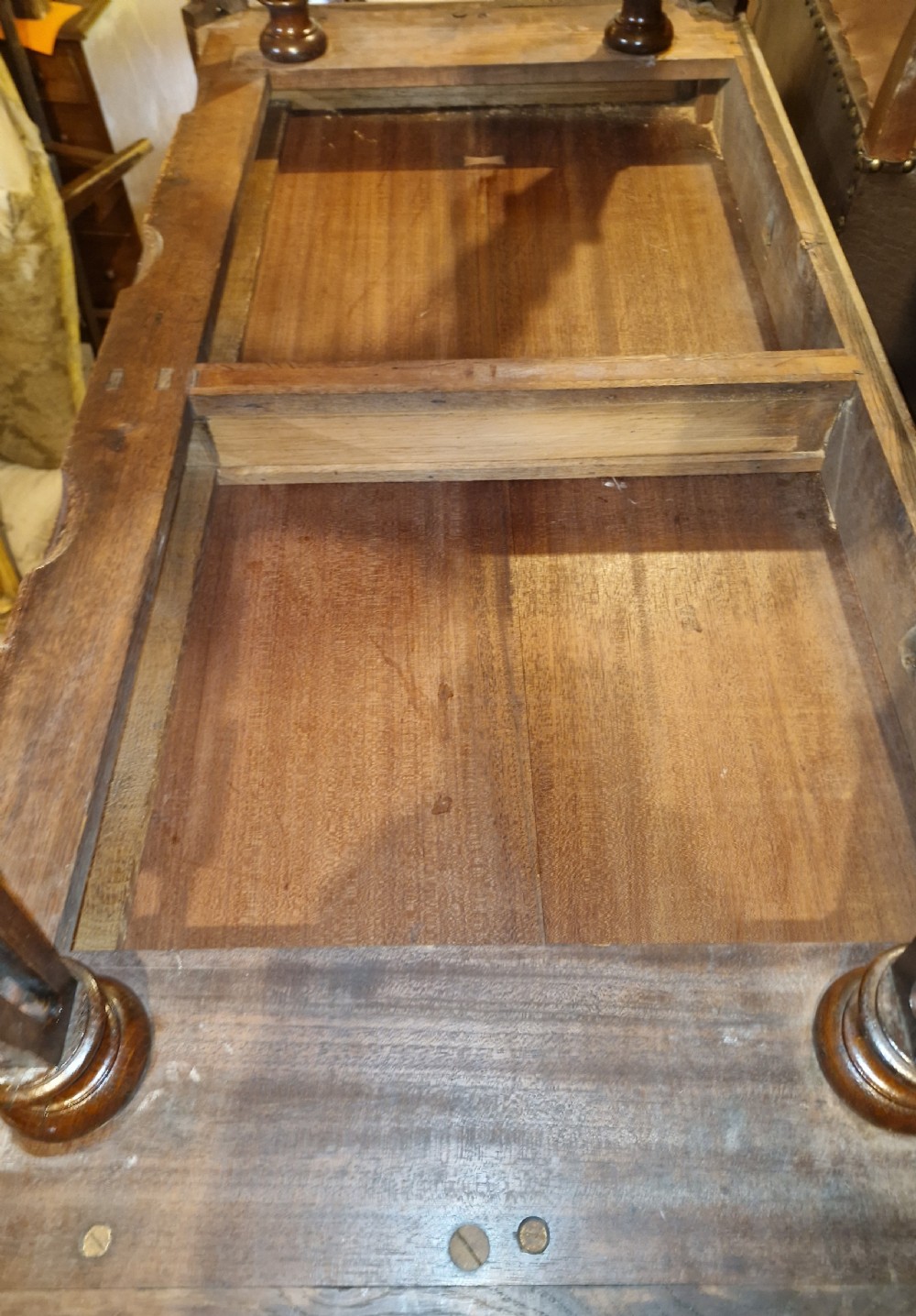 Early Victorian oak Gothic 2 drawer writing table in the manner of Richard Bridgen.  View IX