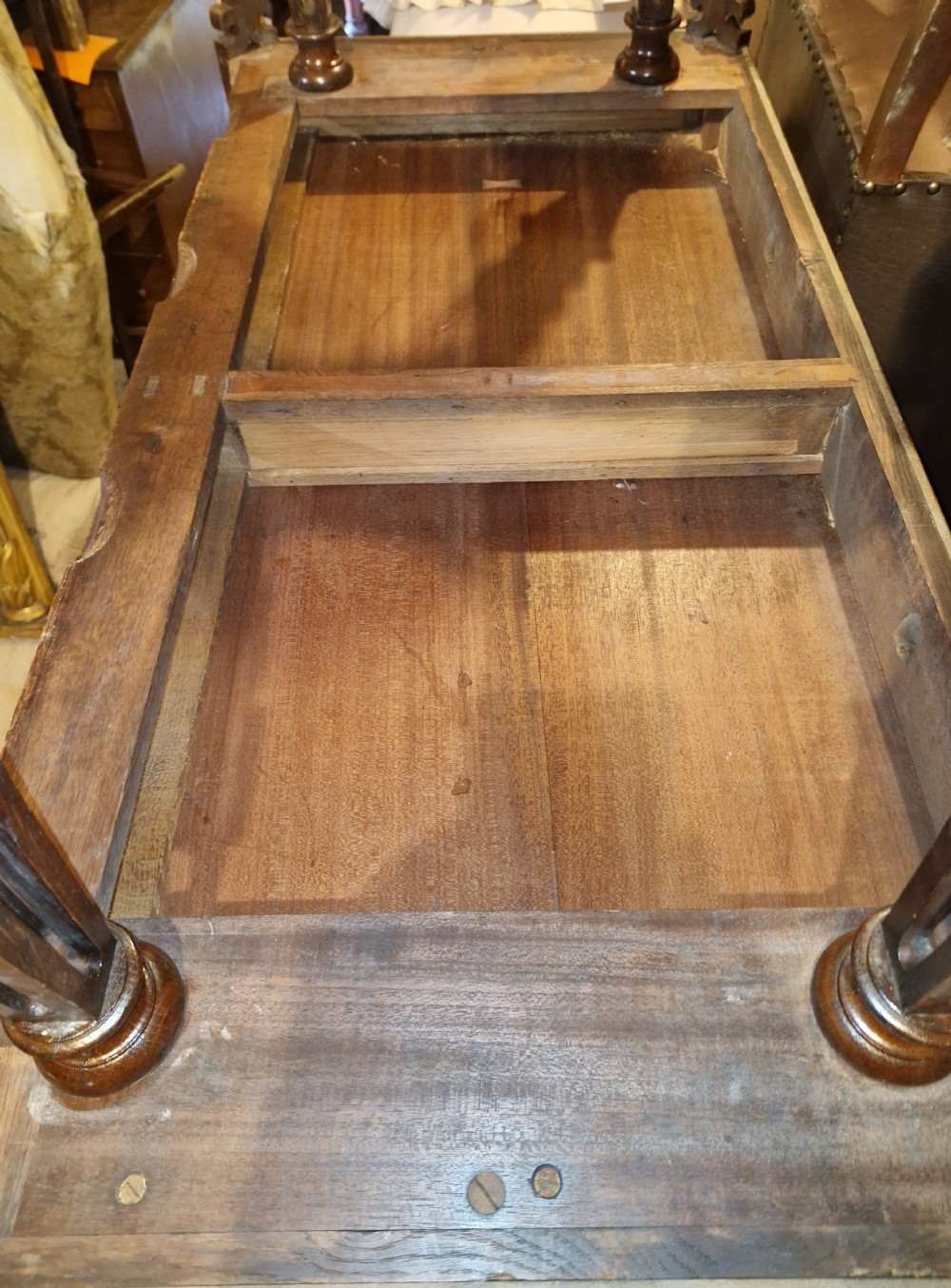Early Victorian oak Gothic 2 drawer writing table in the manner of Richard Bridgen.  View X